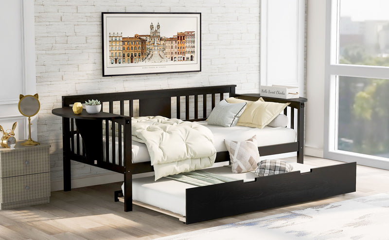 Wooden Daybed With Trundle Bed - Sofa Bed With Small Tables For Bedroom - Living Room - Espresso