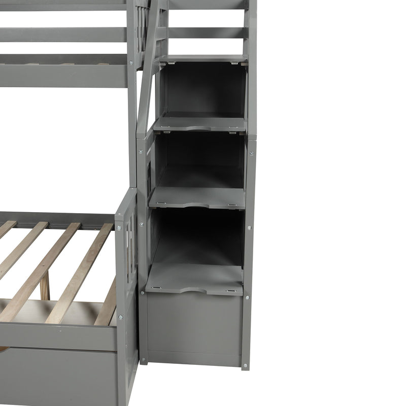 Twin Over Full Bunk Bed With Drawers, Storage And Slide, Multifunction, Gray