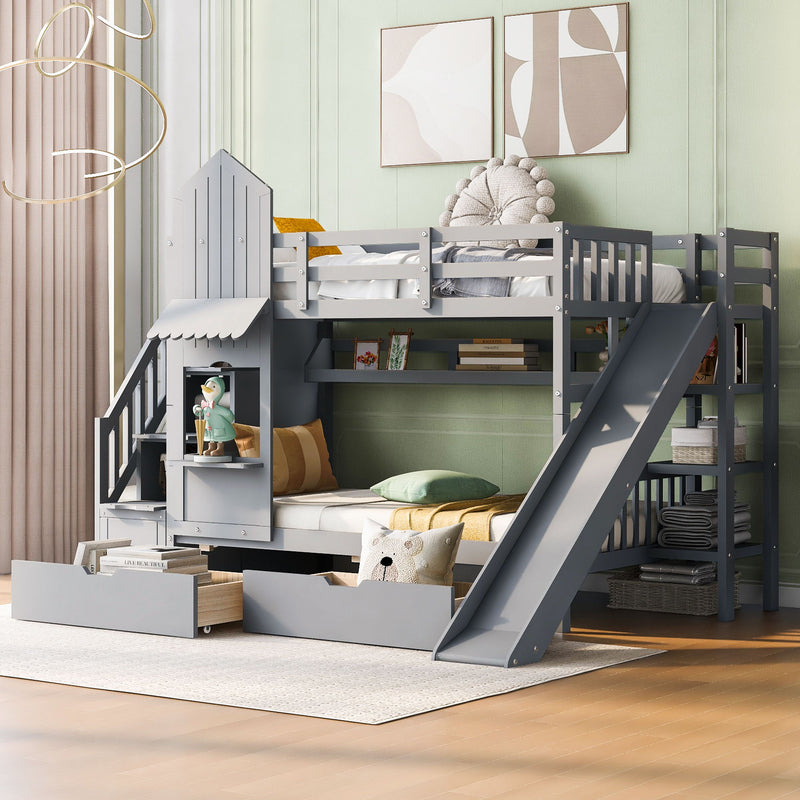 Twin-Over-Twin Castle Style Bunk Bed, With 2 Drawers 3 Shelves And Slide - Gray