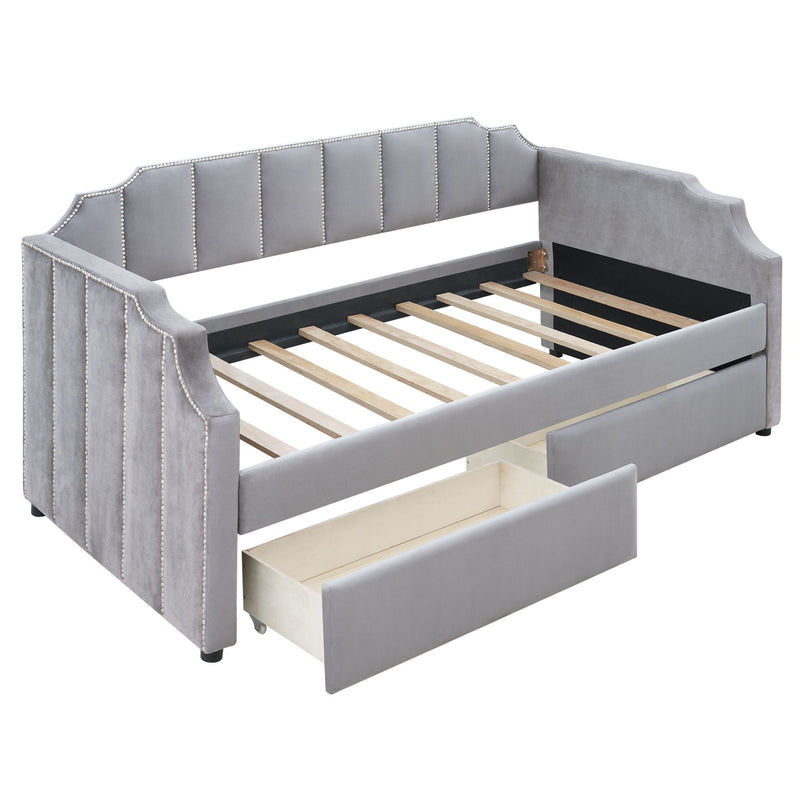 Twin Size Daybed Upholstered With Drawers, Wood Slat Support - Gray