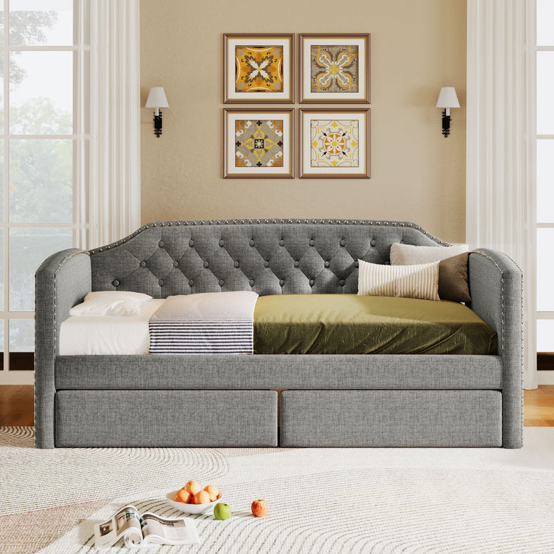Twin Size Upholstered Daybed With Drawers For Guest Room, Small Bedroom, Study Room, Gray