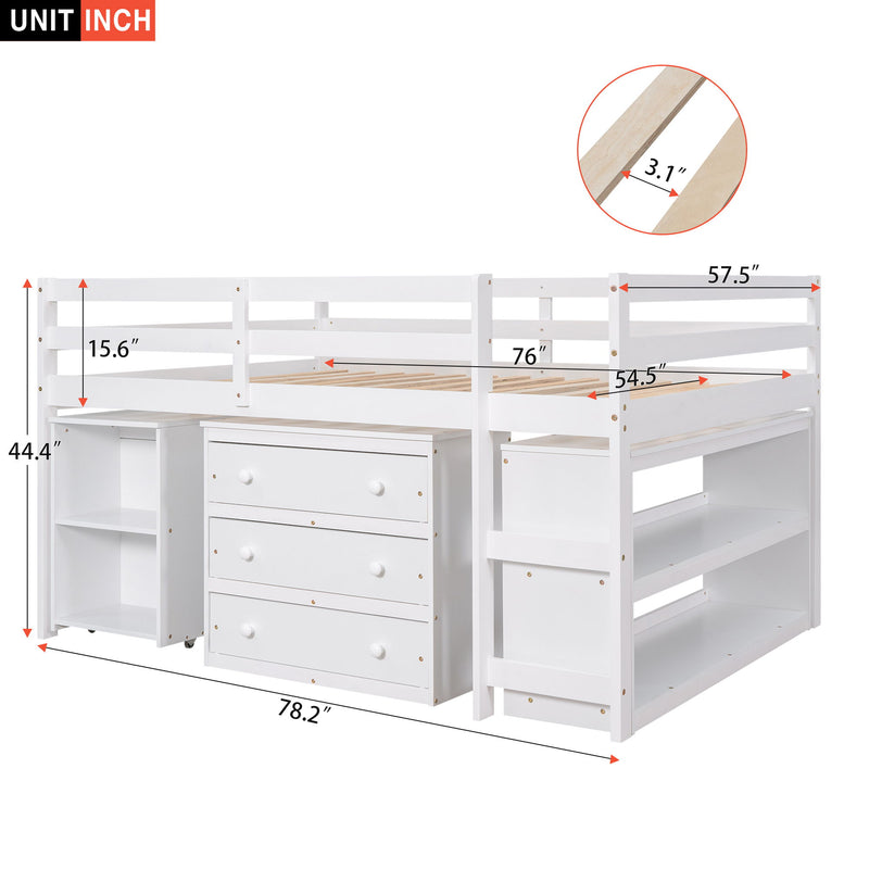 Low Study Full Loft Bed With Cabinet, Shelves And Rolling Portable Desk, Multiple Functions Bed - White