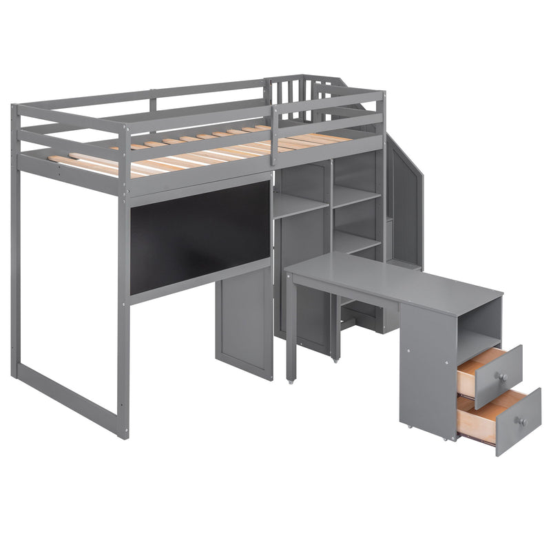 Twin Size Loft Bed With Pullable Desk And Storage Shelves, Staircase And Blackboard, Gray