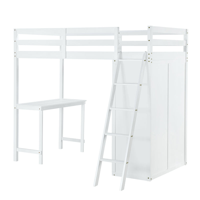 Twin Size Loft Bed With Wardrobe And Desk, White