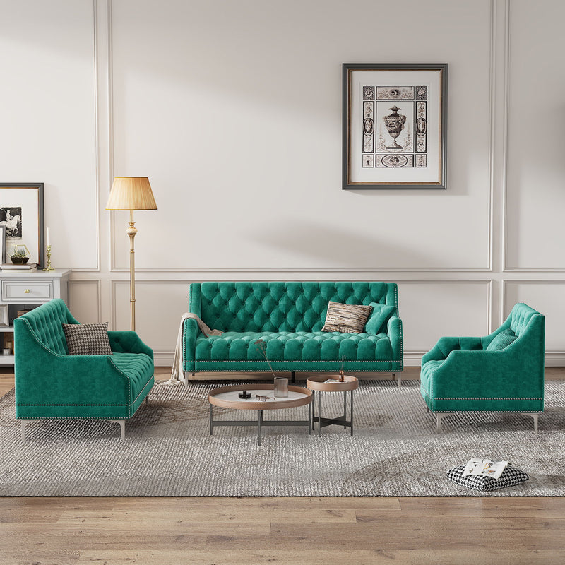 Modern Three Piece Sofa Set With Metal Legs, Buttoned Tufted Backrest, Frosted Velvet Upholstered Sofa Set Including Three-Seater Sofa, Double Seater And Living Room Furniture Set Single Chair
