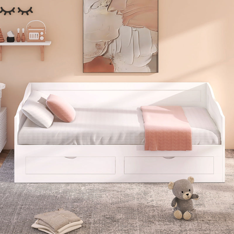 Wooden Daybed With Trundle Bed And Two Storage Drawers, Extendable Bed Daybed, Sofa Bed With Two Drawers, White