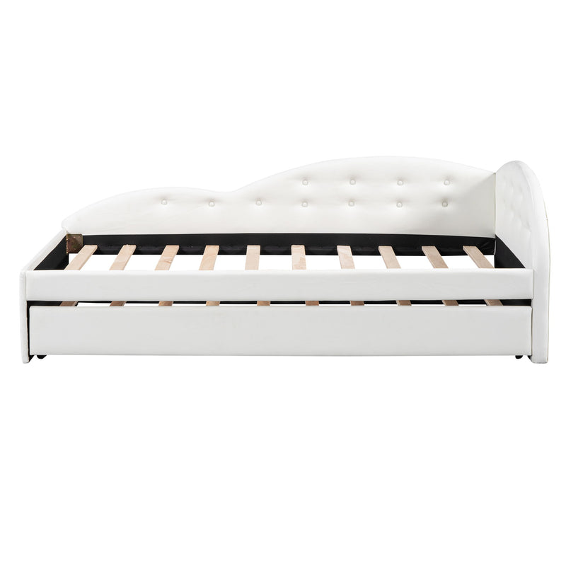 Twin Size PU Upholstered Tufted Daybed With Trundle And Cloud Shaped Guardrail, White