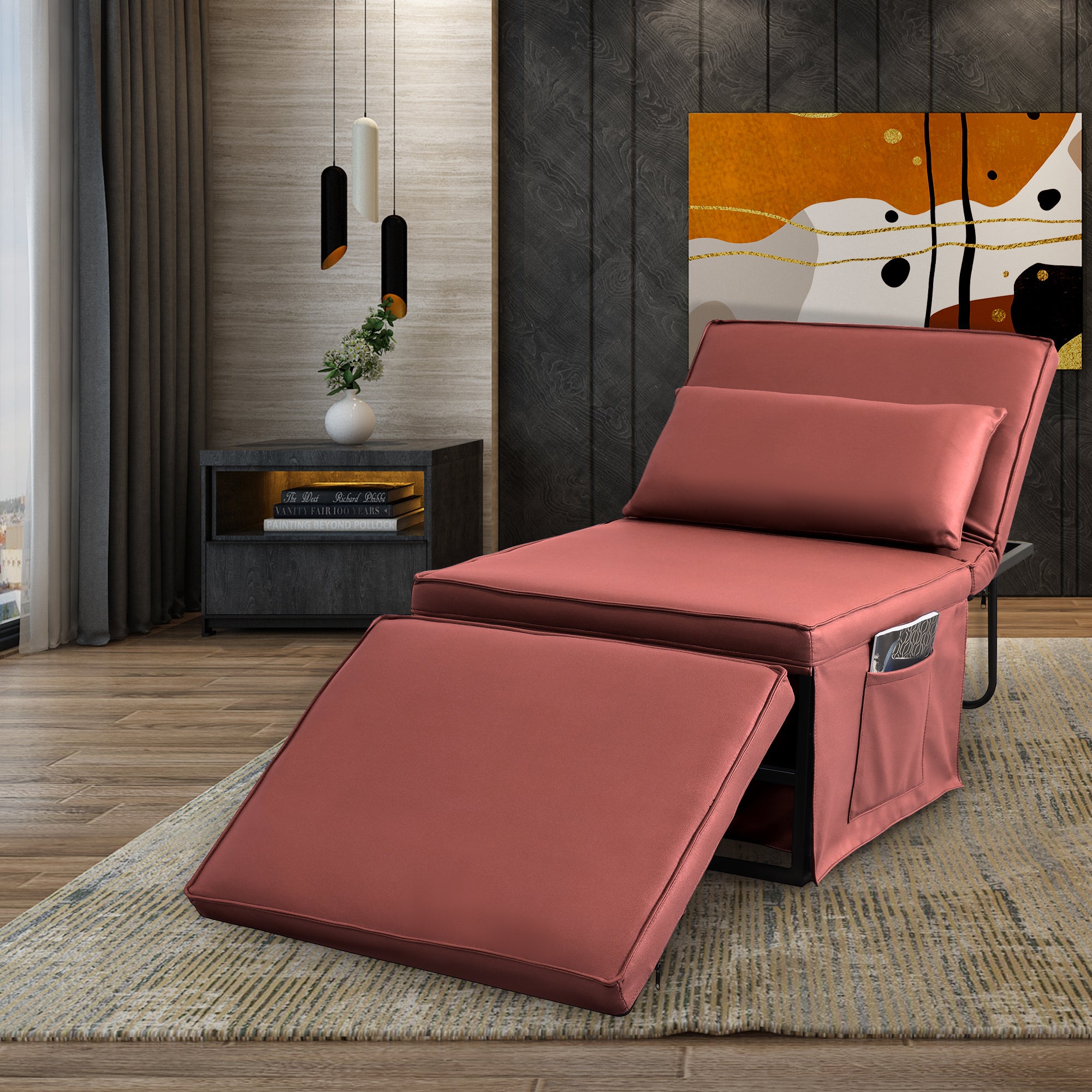 Sofa Bed 4 in 1 Ottoman Sleeper Bed Convertible Chair Bed with Adjustable Back Breathable Sleeper Guest Bed for Small Room, Orange Red - Atlantic Fine Furniture Inc