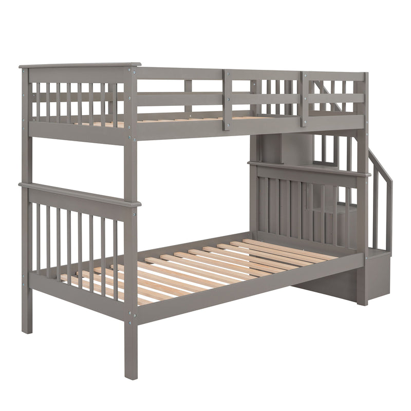 Stairway Twin Over Twin Bunk Bed With Storage And Guard Rail For Bedroom, Dorm, Gray Color