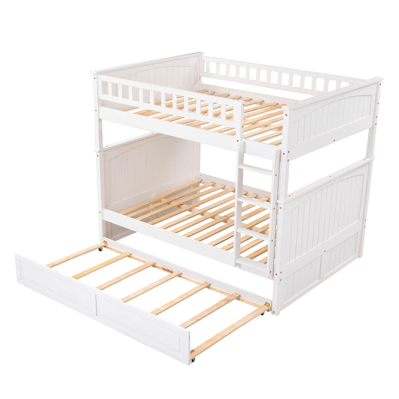 Full Over Full Bunk Bed With Twin Size Trundle, Pine Wood Bunk Bed With Guardrails, White
