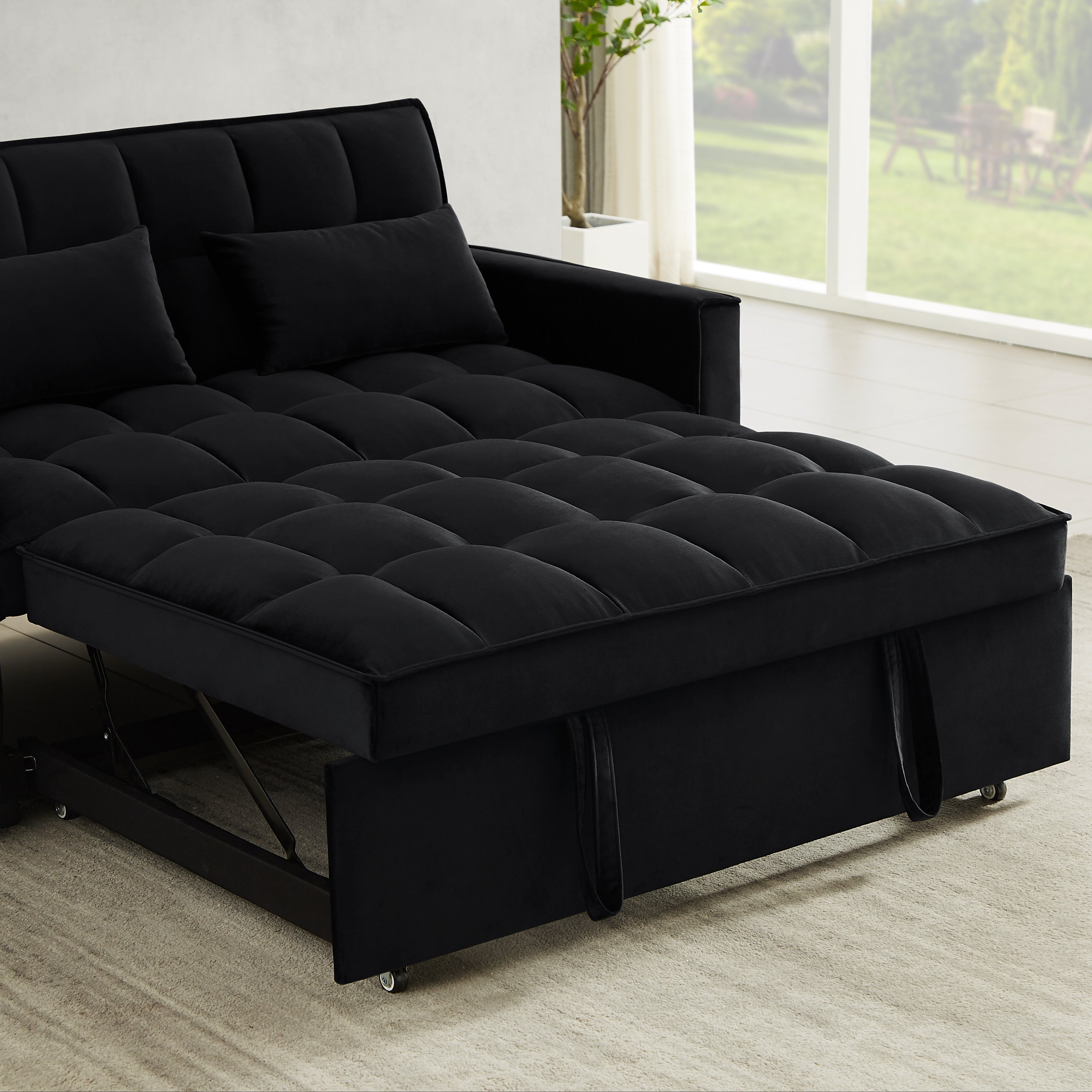 Modern Velvet Convertible Loveseat Sleeper Sofa Couch with Adjustable Backrest, 2 Seater Sofa With Pull-Out Bed with 2 Lumbar Pillows For Small Living Room & Apartment - Atlantic Fine Furniture Inc