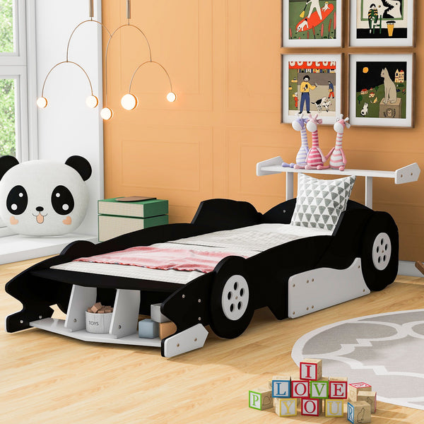Twin Size Race Car-Shaped Platform Bed With Wheels Black