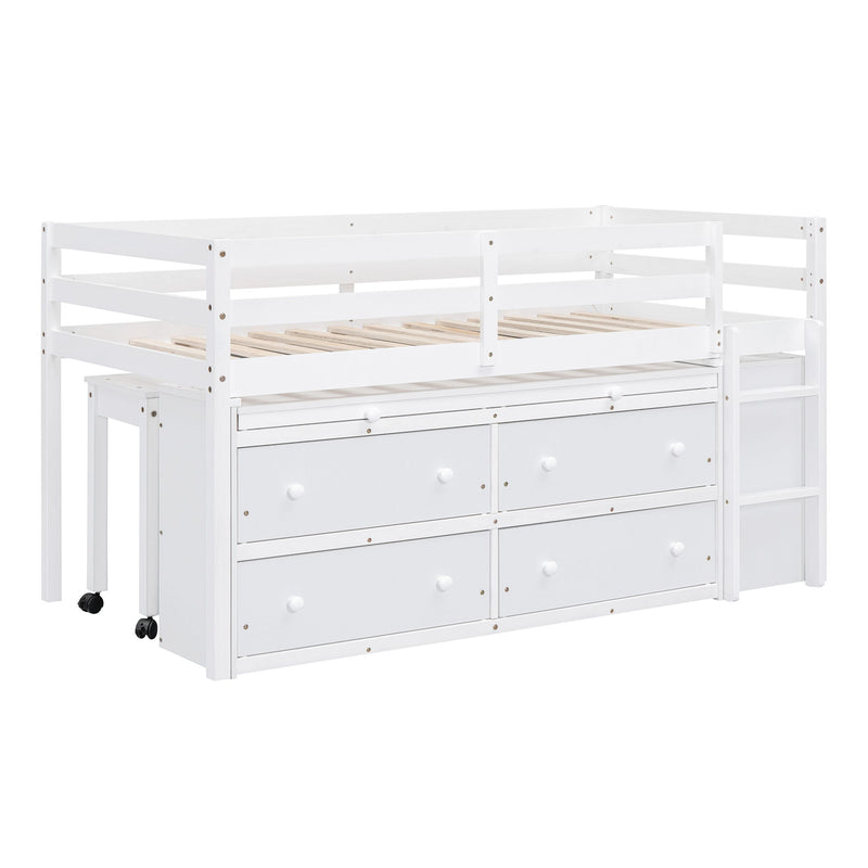 Twin Size Loft Bed With Retractable Writing Desk And 4 Drawers, Wooden Loft Bed With Lateral Portable Desk And Shelves, White