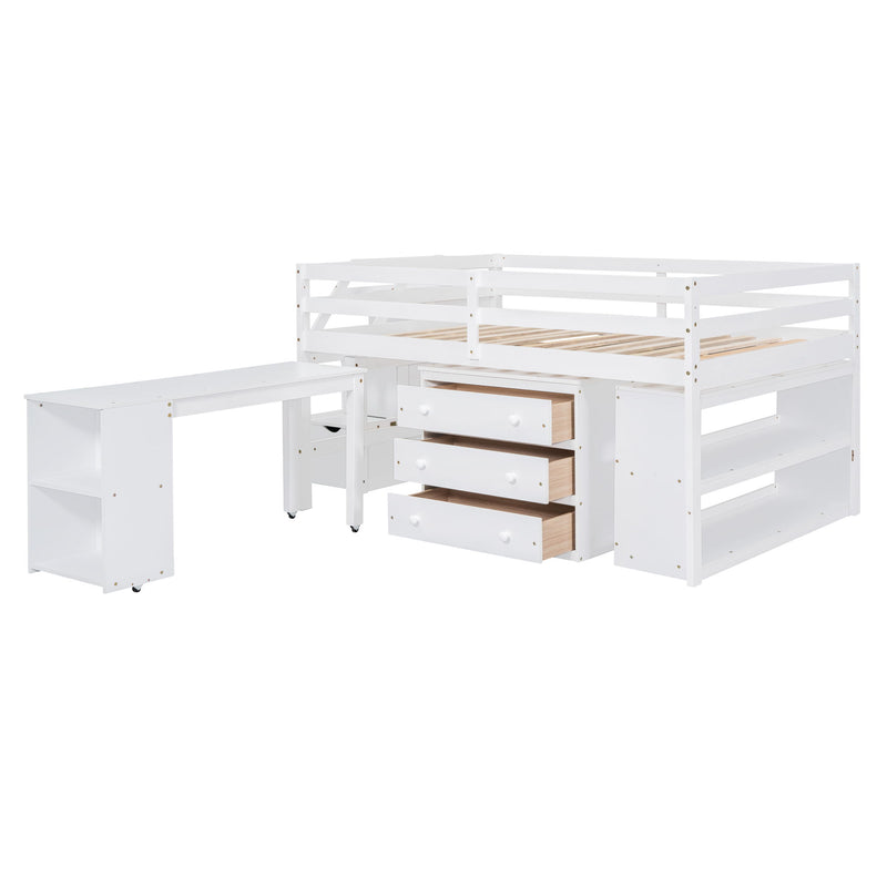 Full Size Loft Bed With Retractable Writing Desk And 3 Drawers, Wooden Loft Bed With Storage Stairs And Shelves, White