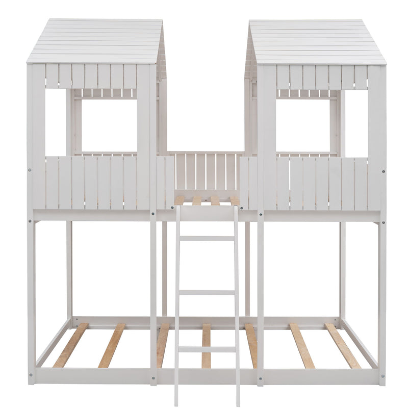 Full Over Full Woodbunk Bed With Roof, Window, Guardrail, Ladder - White