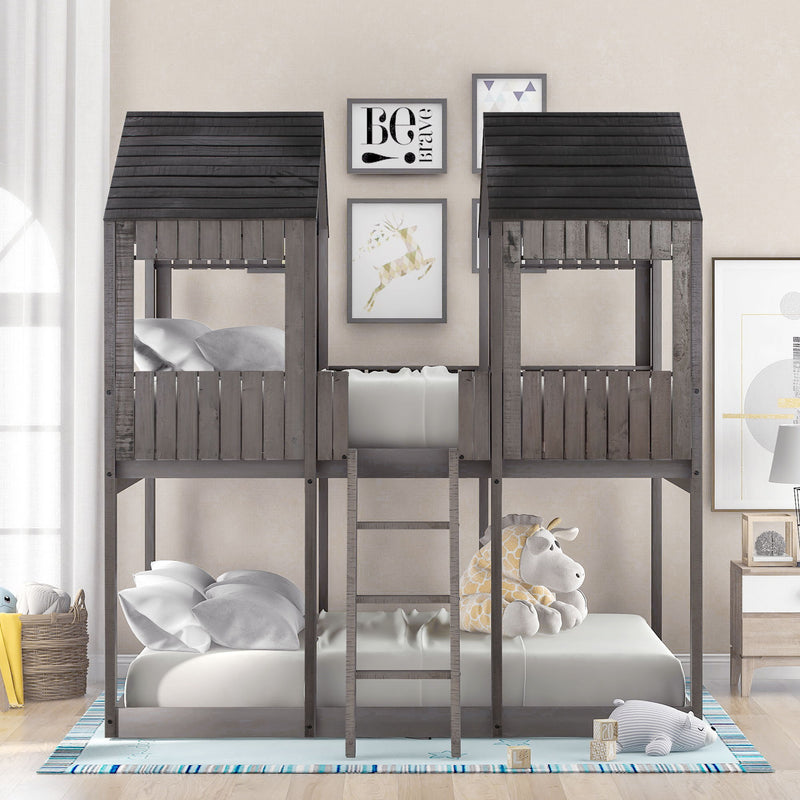 Full Over Full Woodbunk Bed With Roof, Window, Guardrail, Ladder (Antique Gray)