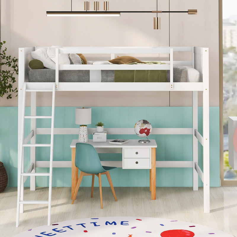 Solid Wood Twin Size Loft Bed With Ladder (White)