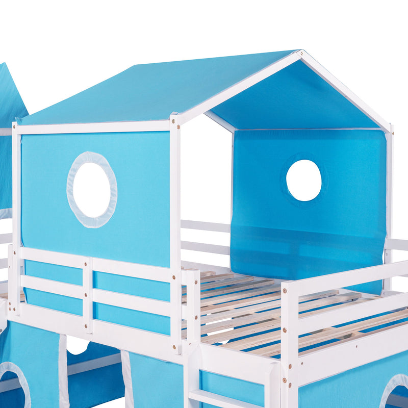 Full Size Bunk Bed With Slide Tent And Tower - Blue