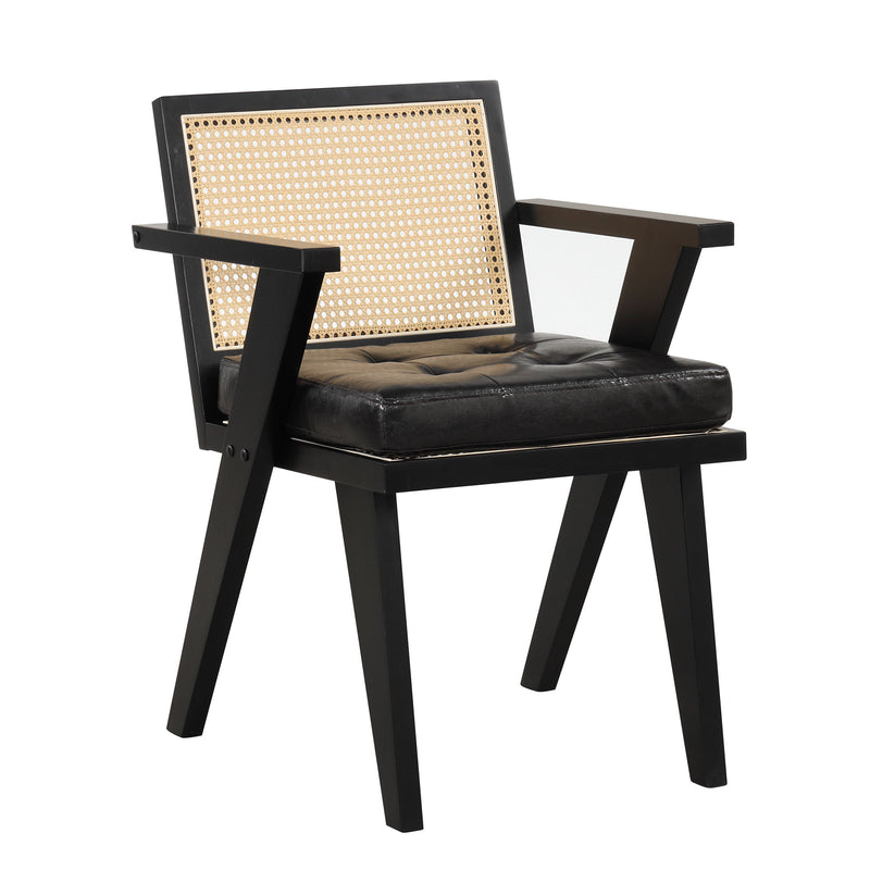 Mid-Century Accent Chair With Handcrafted Rattan Backrest And Padded Seat For Leisure, Bedroom, Kitchen, Living Room, Enterway, Black