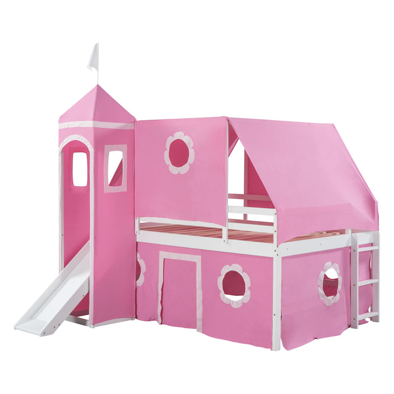 Full Size Bunk Bed With Slide Pink Tent And Tower - Pink