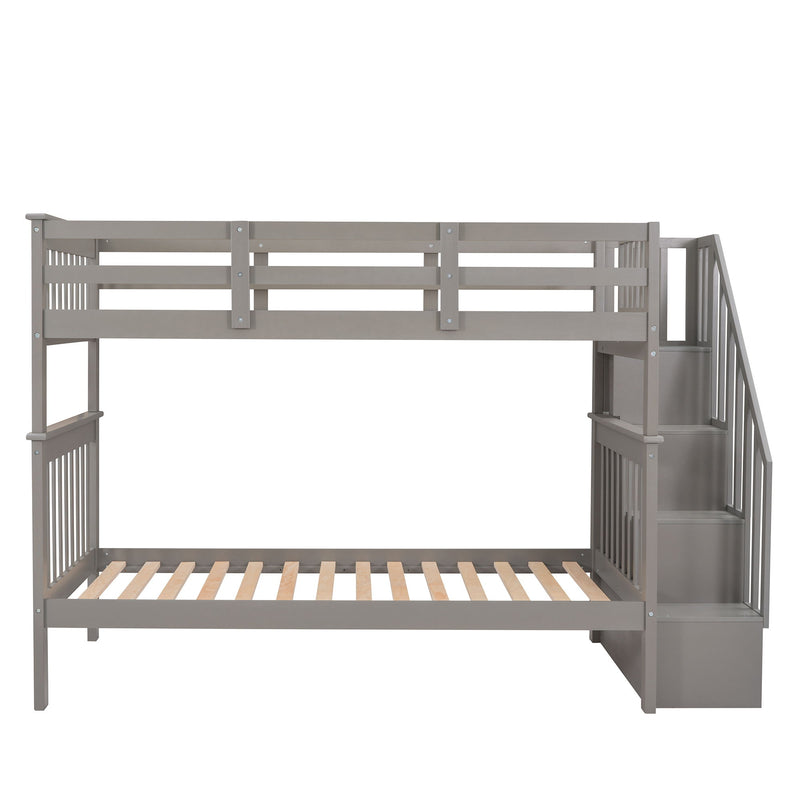 Stairway Twin Over Twin Bunk Bed With Storage And Guard Rail For Bedroom, Dorm, Gray Color