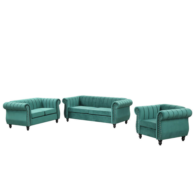 Modern Three Piece Sofa Set With Solid Wood Legs, Buttoned Tufted Backrest, Frosted Velvet Upholstered Sofa Set Including Three-Seater Sofa, Double Seater And Living Room Furniture Set Single Chair