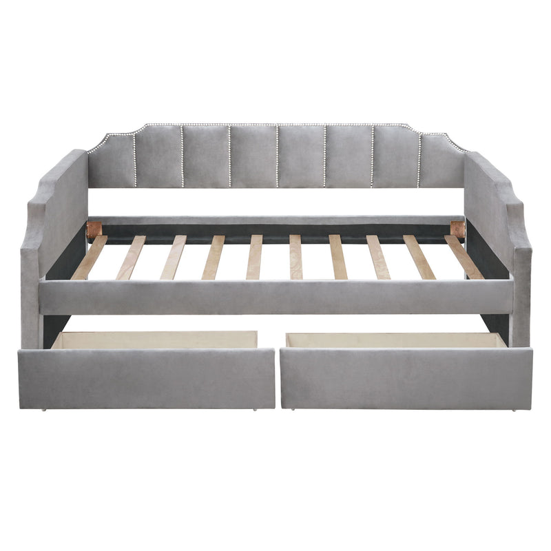 Twin Size Daybed Upholstered With Drawers, Wood Slat Support - Gray
