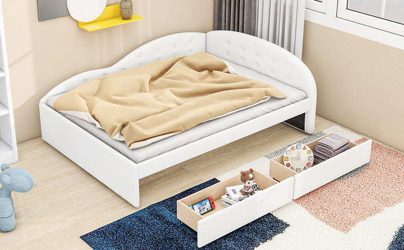 Full Size PU Upholstered Tufted Daybed With Two Drawers And Cloud Shaped Guardrail, White