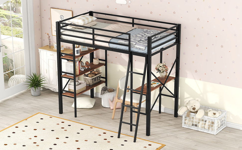 Twin Size Metal Loft Bed With Shelves And Desk, Black