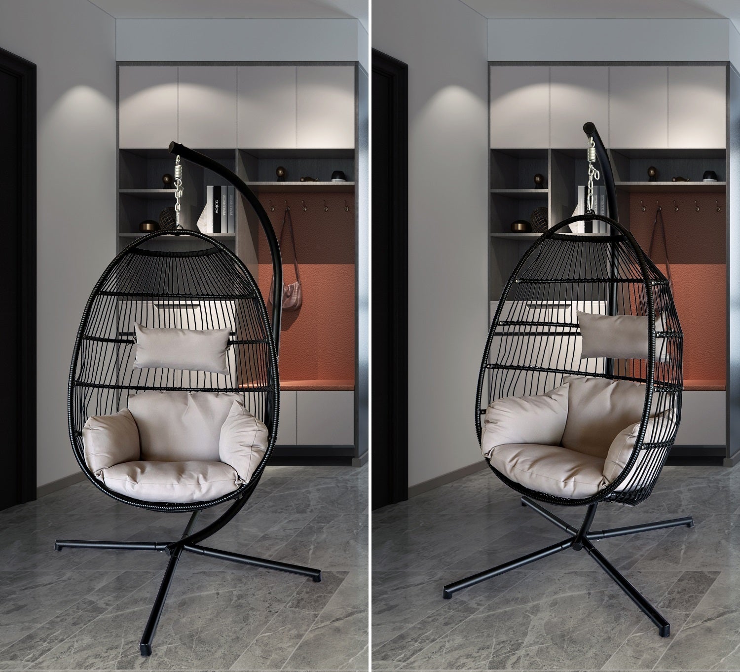 Hanging Egg Chair with Stand Outdoor Patio Swing Egg Chair Indoor Folding Egg Chair, Waterproof Cushion, Folding Rope Back, Heavy Duty C-Stand, 330LBS Capacity - Atlantic Fine Furniture Inc