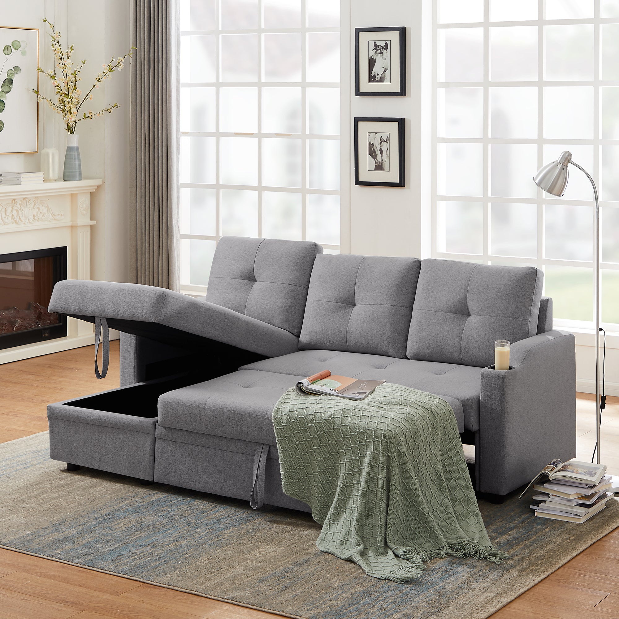 Orisfur. 81" Sleeper Sofa Bed Reversible Sectional Couch with Storage Chaise and Two Cup Holders for Living Room Furniture Set - Atlantic Fine Furniture Inc