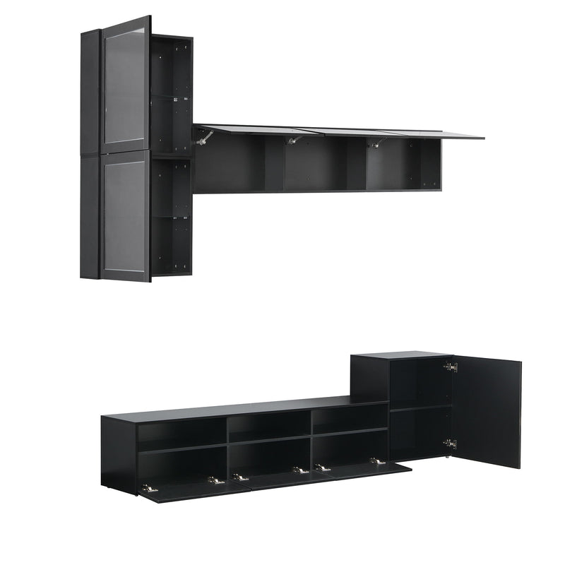 On-Trend High Gloss TV Stand With Ample Storage Space, Media Console For TVs Up To 75"es, Versatile Entertainment Center With Wall Mounted Floating Storage Cabinets For Living Room, Black