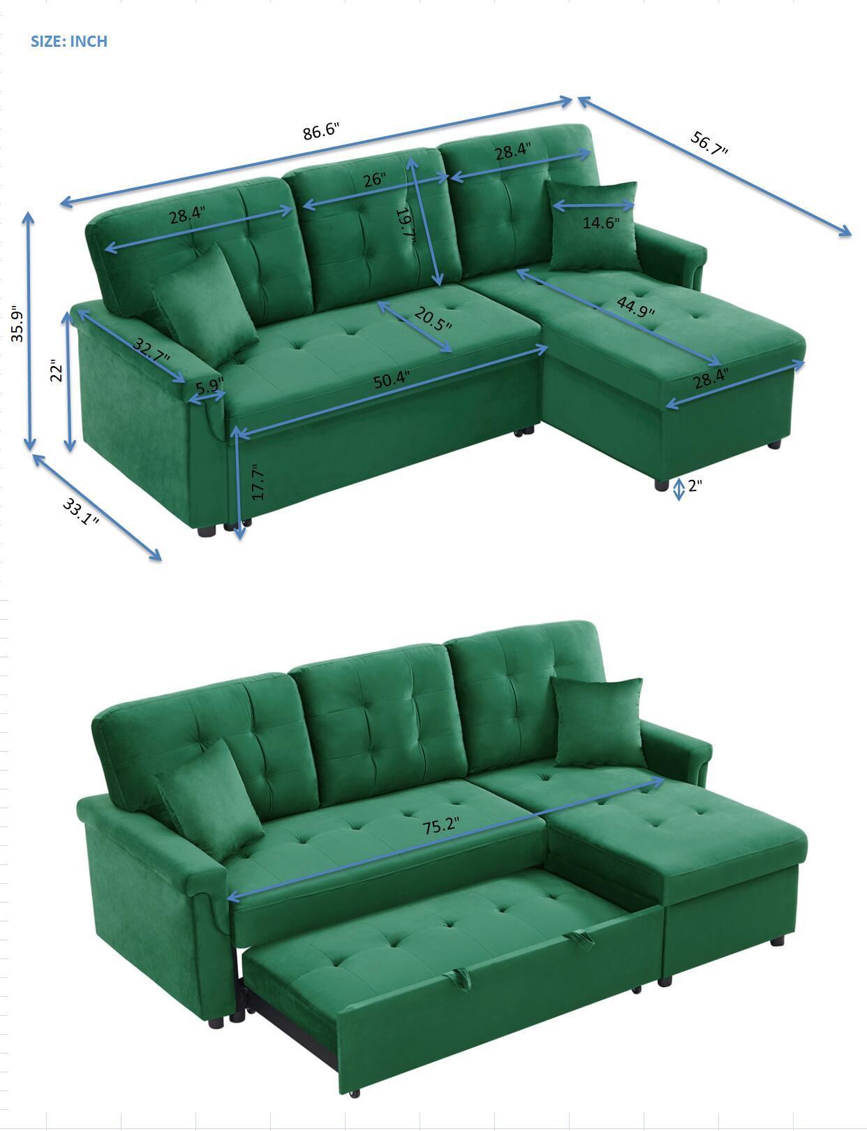Velvet Reversible Sectional Sofa with Pull Out sleeper, L-Shaped Couch Chaise with Storage For Living Room & Apartment - Atlantic Fine Furniture Inc