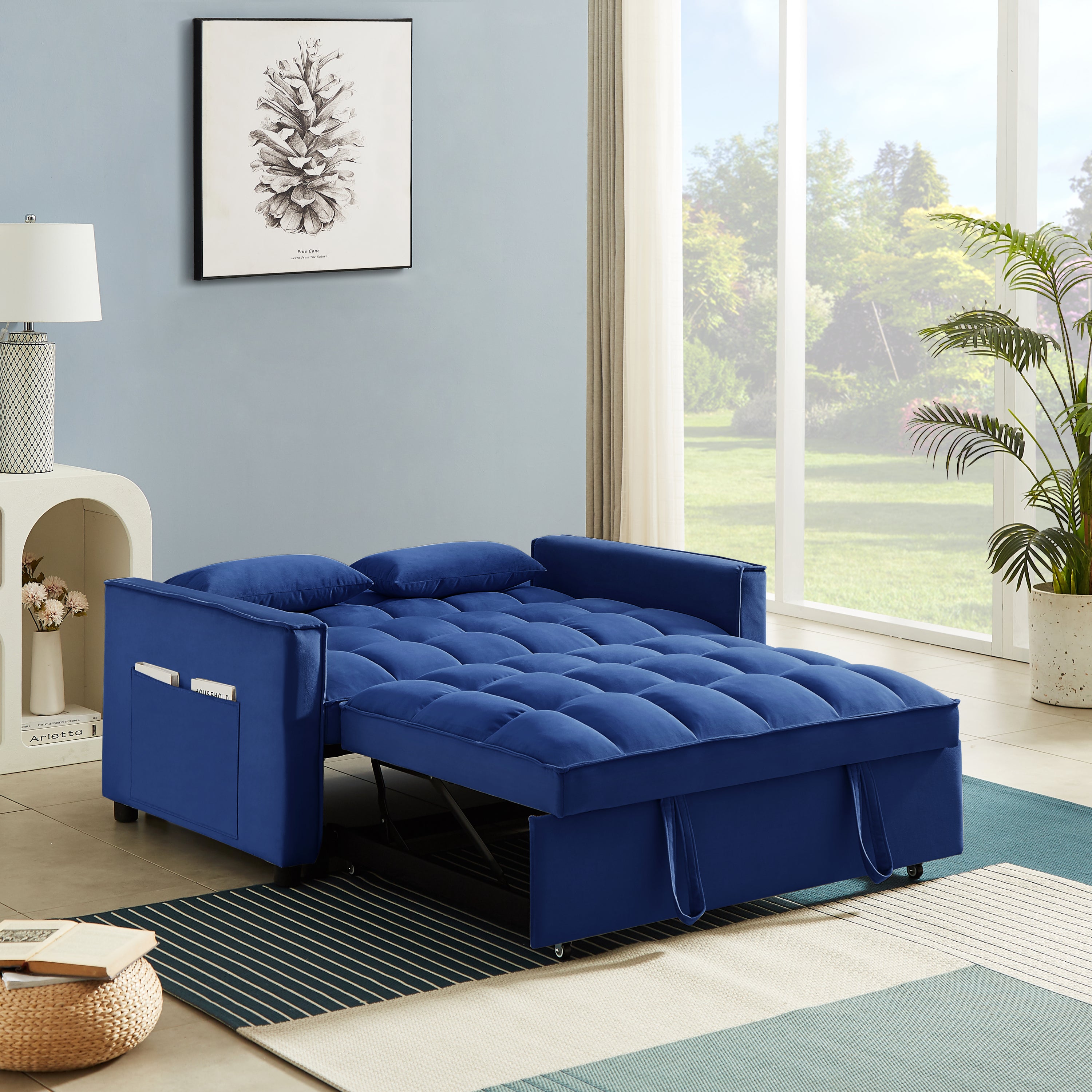 Modern Velvet Convertible Loveseat Sleeper Sofa Couch with Adjustable Backrest, 2 Seater Sofa With Pull-Out Bed with 2 Lumbar Pillows For Small Living Room & Apartment - Atlantic Fine Furniture Inc