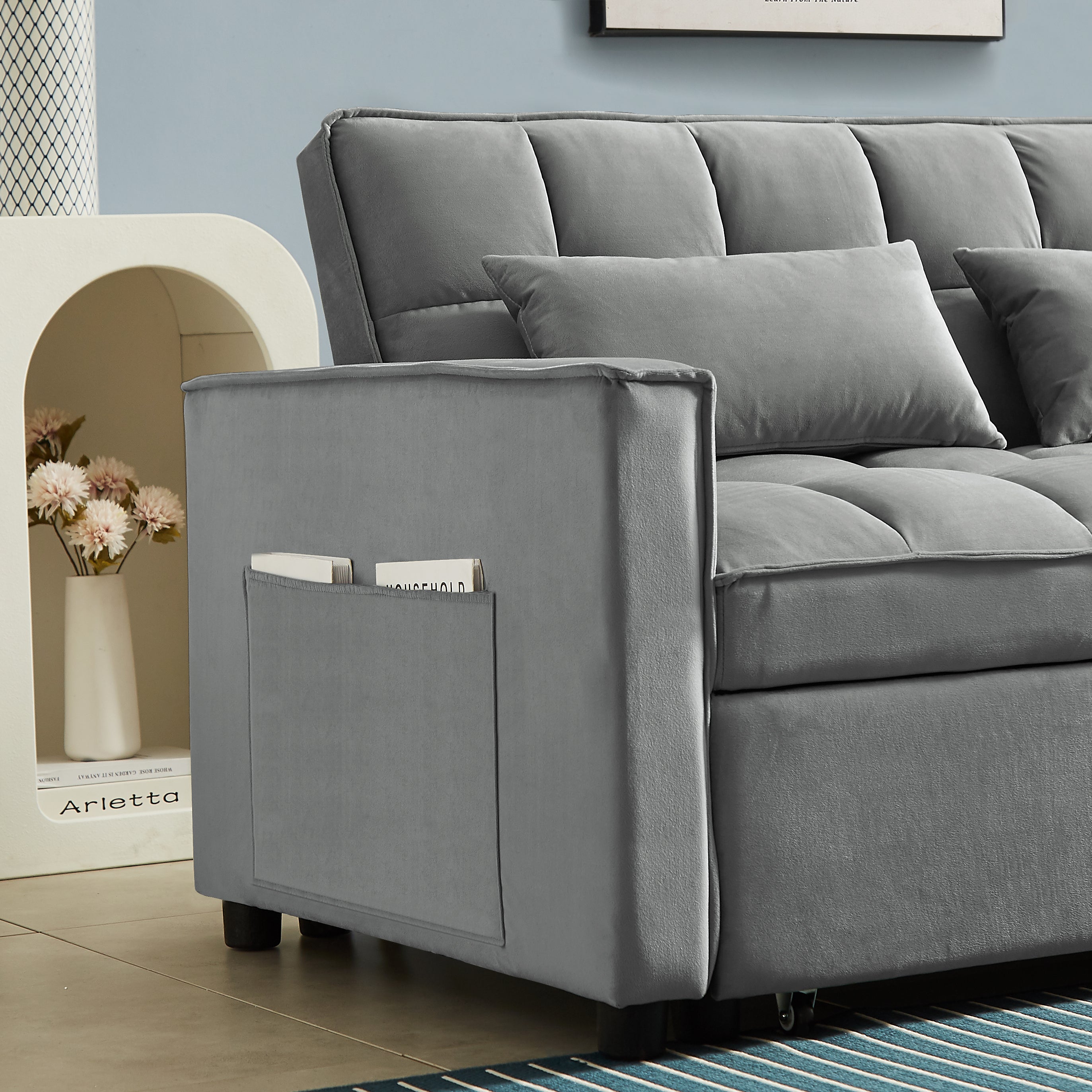 Modern Velvet Convertible Loveseat Sleeper Sofa Couch with Adjustable Backrest, 2 Seater Sofa With Pull-Out Bed with 2 Lumbar Pillows For Small Living Room & Apartment - Atlantic Fine Furniture Inc