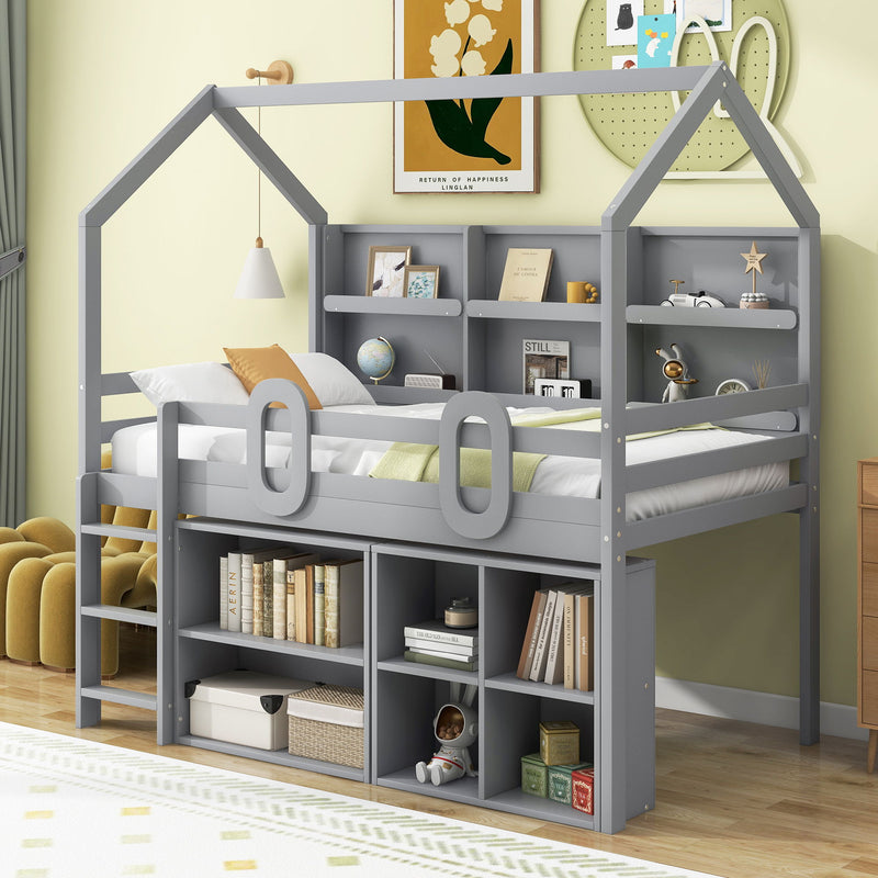 Twin Size House Loft Bed With Multiple Storage Shelves, Gray