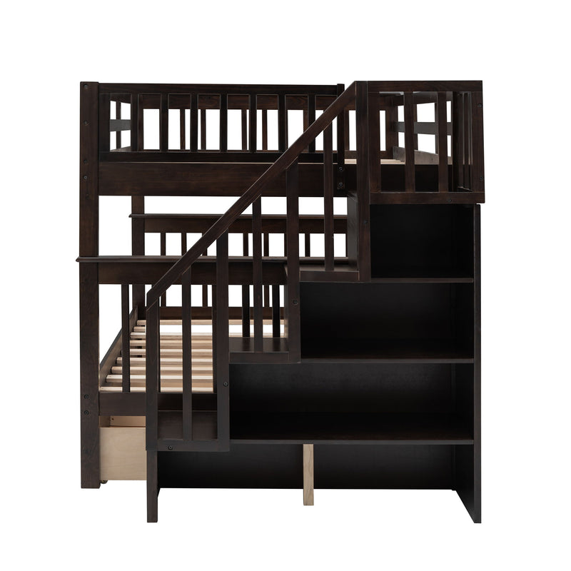 Stairway Full Over Full Bunk Bed With Drawer, Storage And Guard Rail For Bedroom, Espresso Color