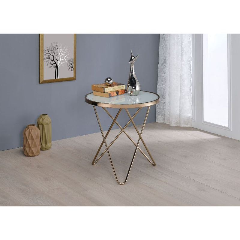 Update your living room with a functional art piece. The Valora end table uses a mid-century inspired base and supports a framed frosted glass top. The collection works well as an eclectic feel.