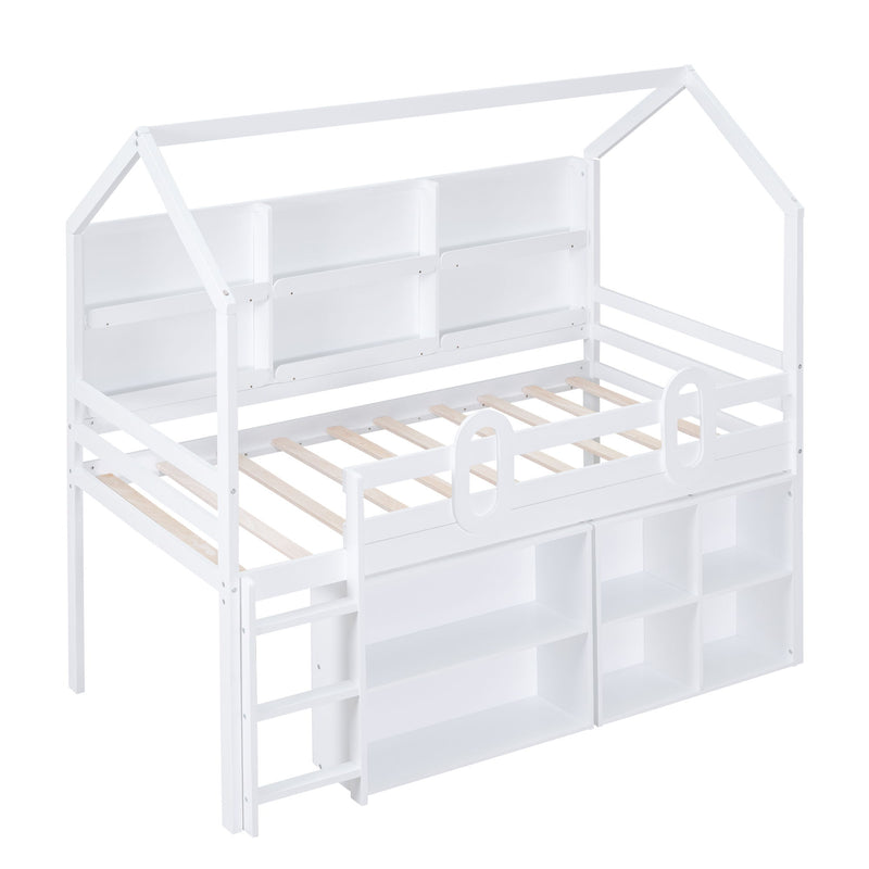 Twin Size House Loft Bed With Multiple Storage Shelves, White