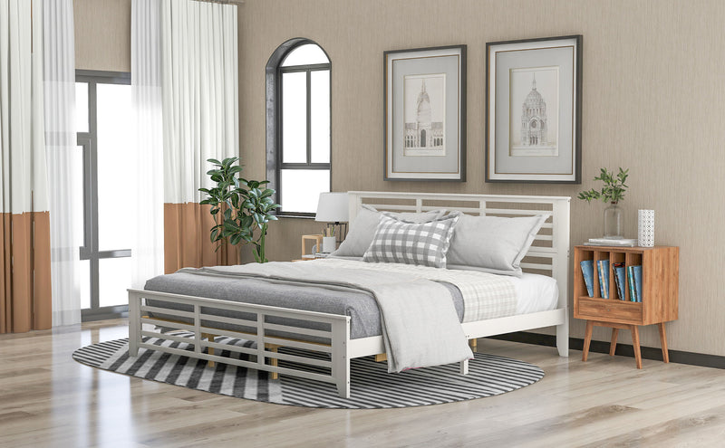 Platform Bed With Horizontal Strip Hollow Shape, King Size, White