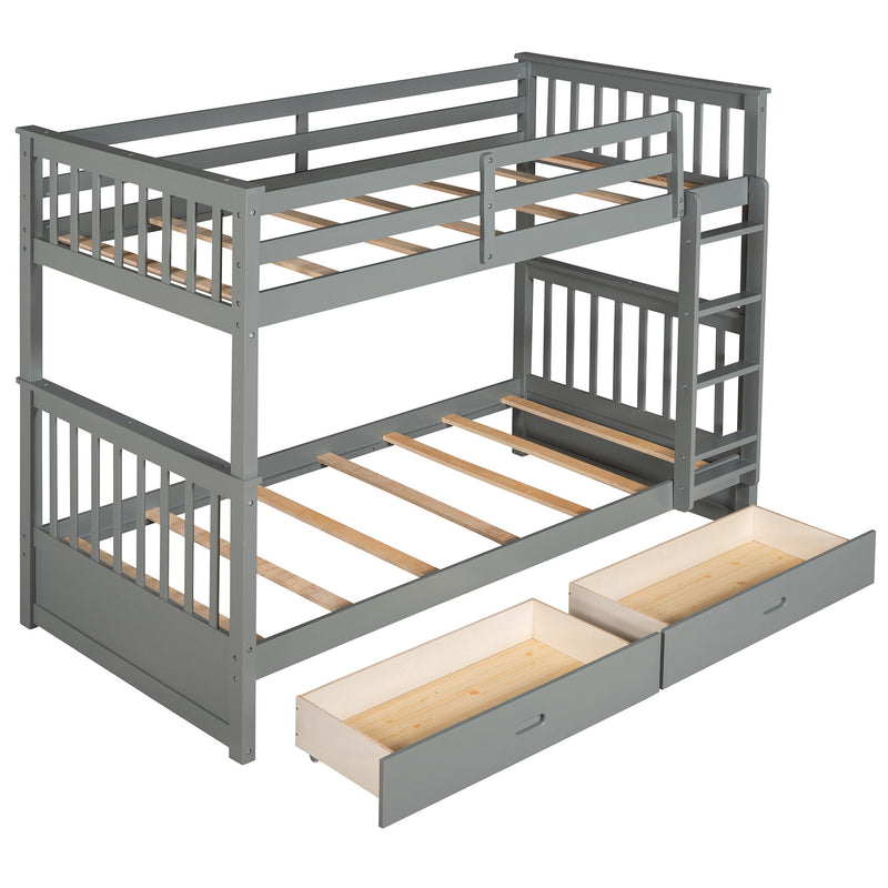 Twin-Over-Twin Bunk Bed With Ladders And Two Storage Drawers (Gray)