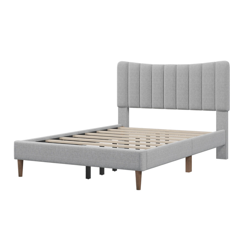 Upholstered Platform Bed Frame With Vertical Channel Tufted Headboard, No Box Spring Needed, Full, Gray
