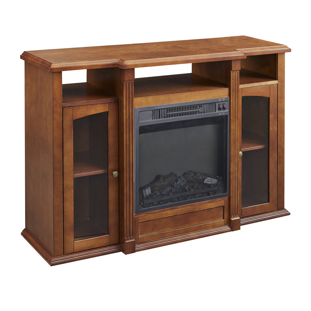 Modern Electric Fireplace TV Stand, Fit up to 55" Flat Screen TV with Two Tempered Glass Storage Cabinet and Adjustable Shelves Wood Veneer TV Console for Living Room, Cherry - Atlantic Fine Furniture Inc