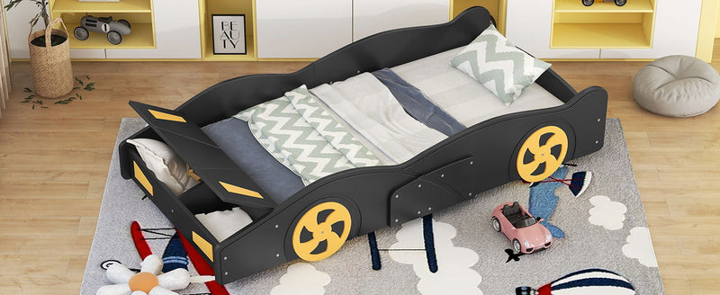 Twin Size Race Car-Shaped Platform Bed With Wheels And Storage, Black / Yellow