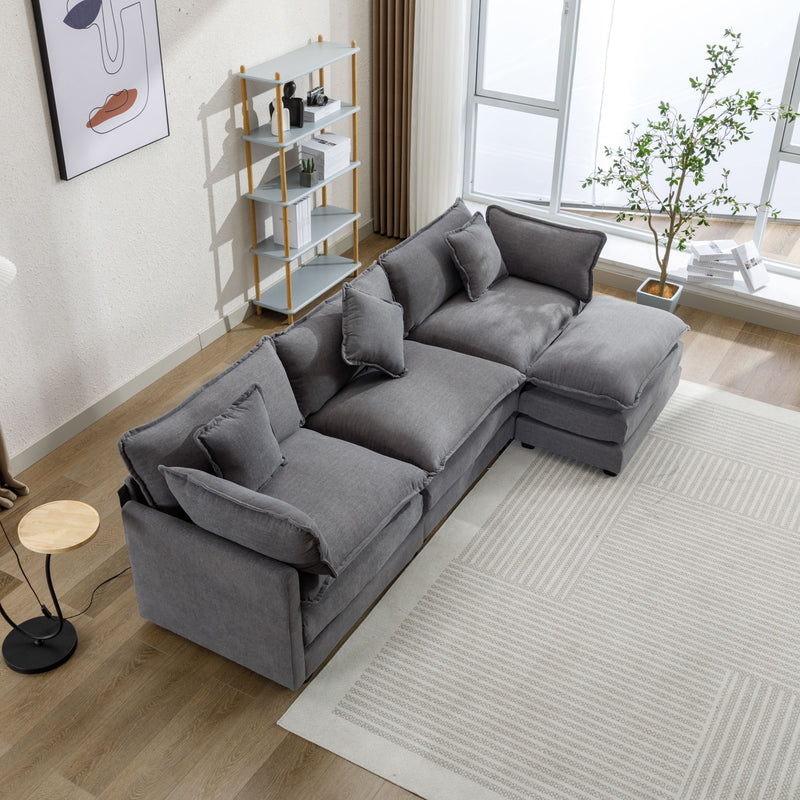 L-Shape Chenille Upholstered Sofa For Living Room Modern Luxury Sofa Couch With Ottoman, 5 Pillows, Gray