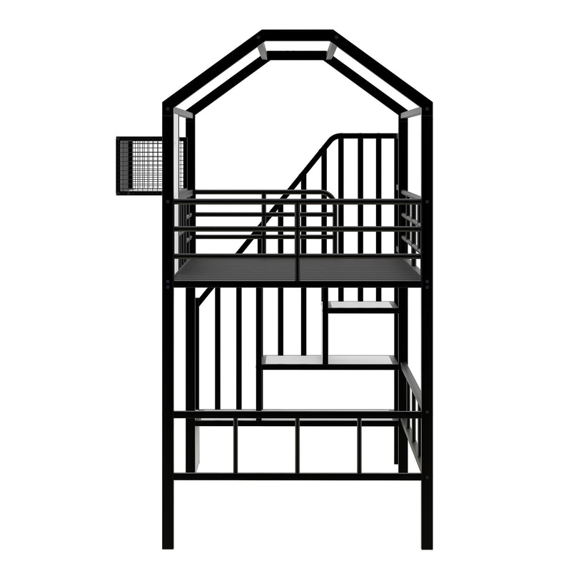 Metal Loft Bed With Roof Design And A Storage Box, Twin, Black
