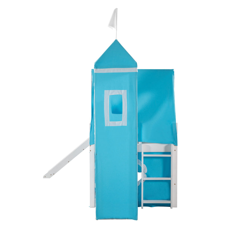 Twin Size Bunk Bed With Slide Blue Tent And Tower - Blue
