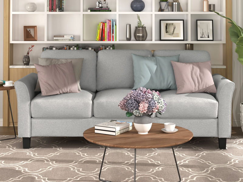 3 Seat Sofa Living Room Linen Fabric Sofa (Light Gray)