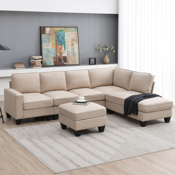 104.3*78.7" Modern L-Shaped Sectional Sofa, 7-Seat Linen Fabric Couch Set With Chaise Lounge And Convertible Ottoman For Living Room, Apartment, Office, 3 Colors
