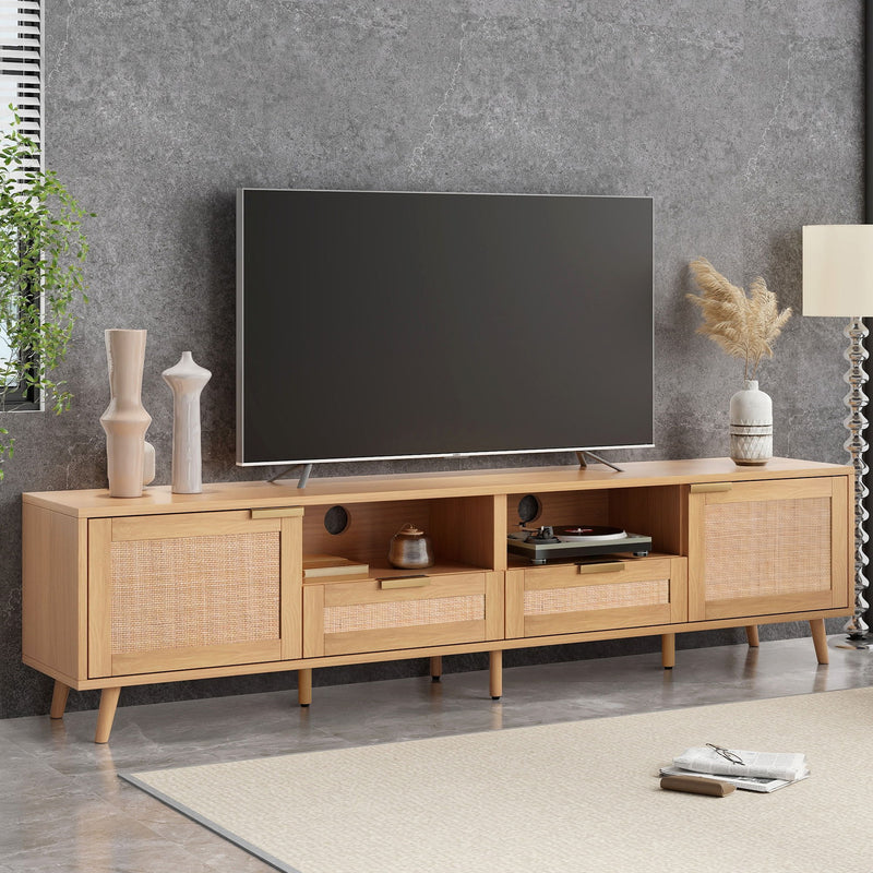 Rattan TV Stand For TVs Up To 85'', Modern Farmhouse Media Console, Entertainment Center With Solid Wood Legs, TV Cabinet For Living Room, Home Theatre